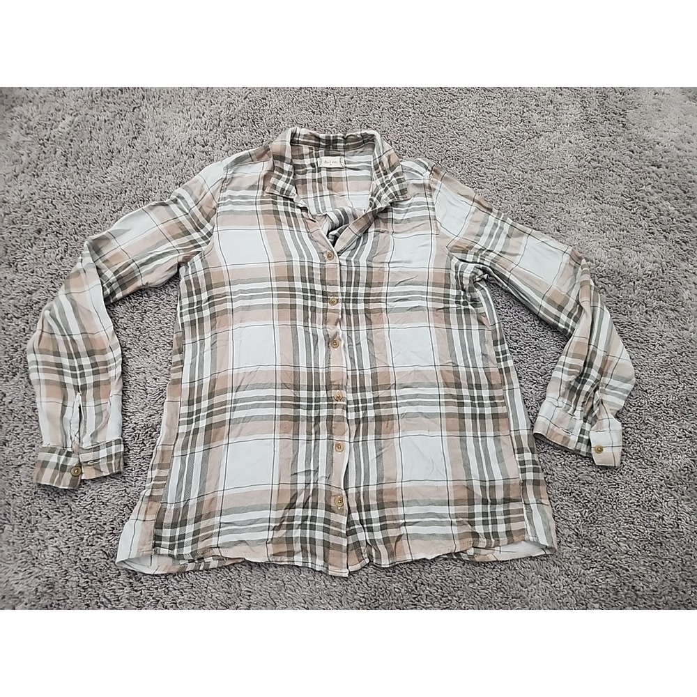 Altar'd State Button Up Shirt Womens M Beige Plaid Long Sleeve Flannel Classic
